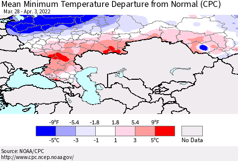 Russian Federation Mean Minimum Temperature Departure from Normal (CPC) Thematic Map For 3/28/2022 - 4/3/2022