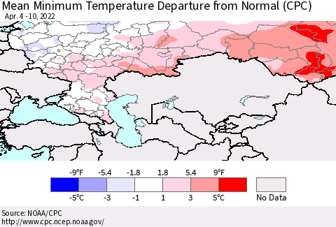 Russian Federation Mean Minimum Temperature Departure from Normal (CPC) Thematic Map For 4/4/2022 - 4/10/2022