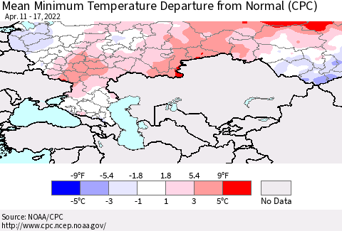 Russian Federation Mean Minimum Temperature Departure from Normal (CPC) Thematic Map For 4/11/2022 - 4/17/2022