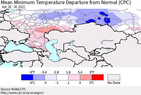 Russian Federation Mean Minimum Temperature Departure from Normal (CPC) Thematic Map For 4/18/2022 - 4/24/2022