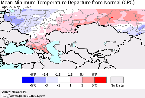 Russian Federation Mean Minimum Temperature Departure from Normal (CPC) Thematic Map For 4/25/2022 - 5/1/2022