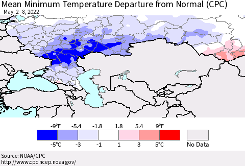 Russian Federation Mean Minimum Temperature Departure from Normal (CPC) Thematic Map For 5/2/2022 - 5/8/2022