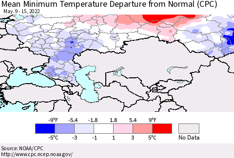 Russian Federation Mean Minimum Temperature Departure from Normal (CPC) Thematic Map For 5/9/2022 - 5/15/2022