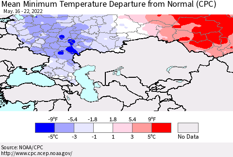 Russian Federation Mean Minimum Temperature Departure from Normal (CPC) Thematic Map For 5/16/2022 - 5/22/2022