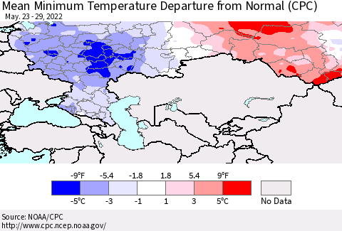 Russian Federation Mean Minimum Temperature Departure from Normal (CPC) Thematic Map For 5/23/2022 - 5/29/2022