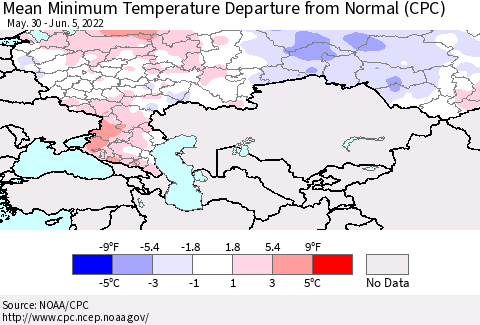 Russian Federation Mean Minimum Temperature Departure from Normal (CPC) Thematic Map For 5/30/2022 - 6/5/2022
