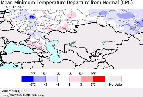 Russian Federation Mean Minimum Temperature Departure from Normal (CPC) Thematic Map For 6/6/2022 - 6/12/2022