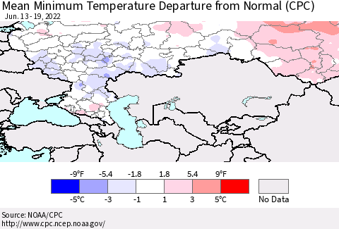 Russian Federation Mean Minimum Temperature Departure from Normal (CPC) Thematic Map For 6/13/2022 - 6/19/2022