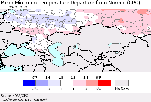 Russian Federation Mean Minimum Temperature Departure from Normal (CPC) Thematic Map For 6/20/2022 - 6/26/2022