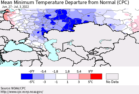 Russian Federation Mean Minimum Temperature Departure from Normal (CPC) Thematic Map For 6/27/2022 - 7/3/2022
