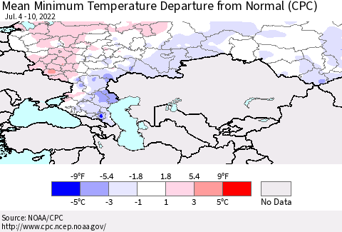 Russian Federation Mean Minimum Temperature Departure from Normal (CPC) Thematic Map For 7/4/2022 - 7/10/2022