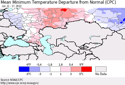 Russian Federation Mean Minimum Temperature Departure from Normal (CPC) Thematic Map For 7/11/2022 - 7/17/2022