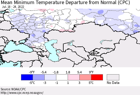 Russian Federation Mean Minimum Temperature Departure from Normal (CPC) Thematic Map For 7/18/2022 - 7/24/2022