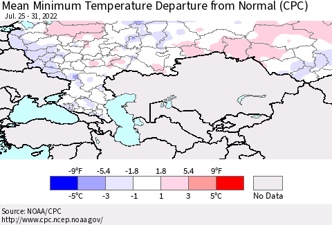 Russian Federation Mean Minimum Temperature Departure from Normal (CPC) Thematic Map For 7/25/2022 - 7/31/2022