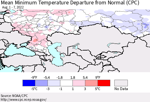 Russian Federation Mean Minimum Temperature Departure from Normal (CPC) Thematic Map For 8/1/2022 - 8/7/2022