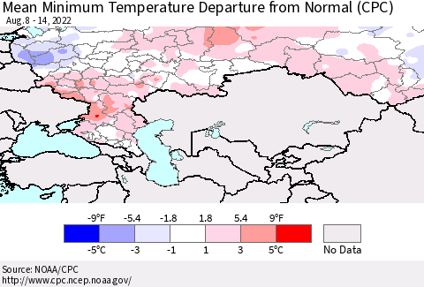 Russian Federation Mean Minimum Temperature Departure from Normal (CPC) Thematic Map For 8/8/2022 - 8/14/2022