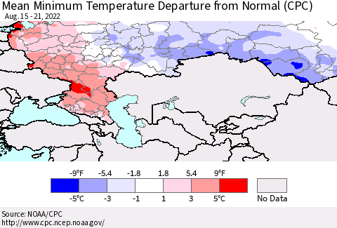 Russian Federation Mean Minimum Temperature Departure from Normal (CPC) Thematic Map For 8/15/2022 - 8/21/2022