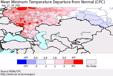 Russian Federation Mean Minimum Temperature Departure from Normal (CPC) Thematic Map For 8/22/2022 - 8/28/2022