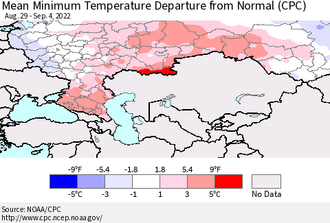 Russian Federation Mean Minimum Temperature Departure from Normal (CPC) Thematic Map For 8/29/2022 - 9/4/2022