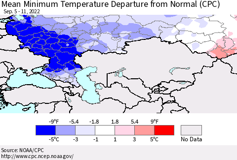 Russian Federation Mean Minimum Temperature Departure from Normal (CPC) Thematic Map For 9/5/2022 - 9/11/2022