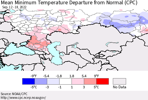 Russian Federation Mean Minimum Temperature Departure from Normal (CPC) Thematic Map For 9/12/2022 - 9/18/2022