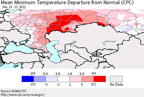 Russian Federation Mean Minimum Temperature Departure from Normal (CPC) Thematic Map For 9/19/2022 - 9/25/2022