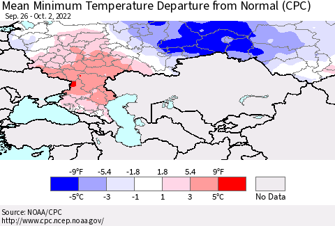 Russian Federation Mean Minimum Temperature Departure from Normal (CPC) Thematic Map For 9/26/2022 - 10/2/2022
