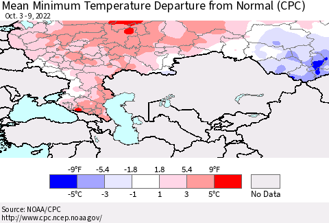 Russian Federation Mean Minimum Temperature Departure from Normal (CPC) Thematic Map For 10/3/2022 - 10/9/2022