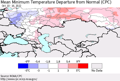 Russian Federation Mean Minimum Temperature Departure from Normal (CPC) Thematic Map For 10/10/2022 - 10/16/2022