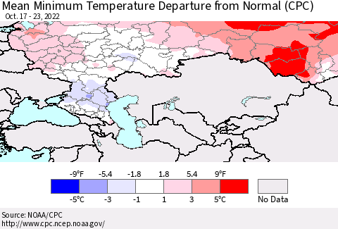Russian Federation Mean Minimum Temperature Departure from Normal (CPC) Thematic Map For 10/17/2022 - 10/23/2022