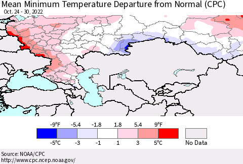 Russian Federation Mean Minimum Temperature Departure from Normal (CPC) Thematic Map For 10/24/2022 - 10/30/2022