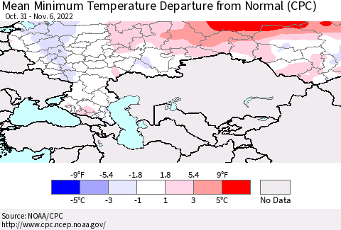 Russian Federation Mean Minimum Temperature Departure from Normal (CPC) Thematic Map For 10/31/2022 - 11/6/2022