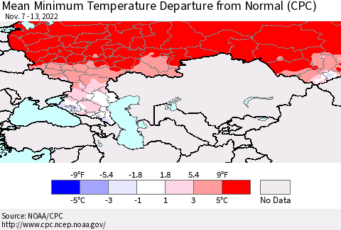 Russian Federation Mean Minimum Temperature Departure from Normal (CPC) Thematic Map For 11/7/2022 - 11/13/2022