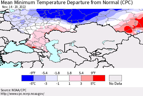 Russian Federation Mean Minimum Temperature Departure from Normal (CPC) Thematic Map For 11/14/2022 - 11/20/2022