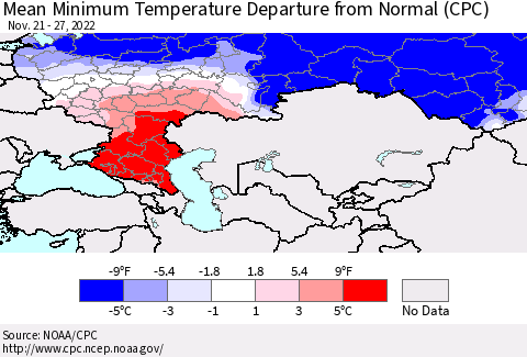 Russian Federation Mean Minimum Temperature Departure from Normal (CPC) Thematic Map For 11/21/2022 - 11/27/2022