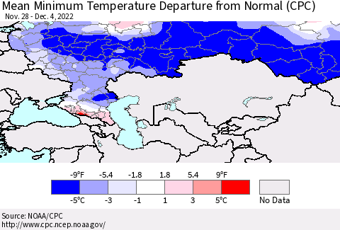 Russian Federation Mean Minimum Temperature Departure from Normal (CPC) Thematic Map For 11/28/2022 - 12/4/2022
