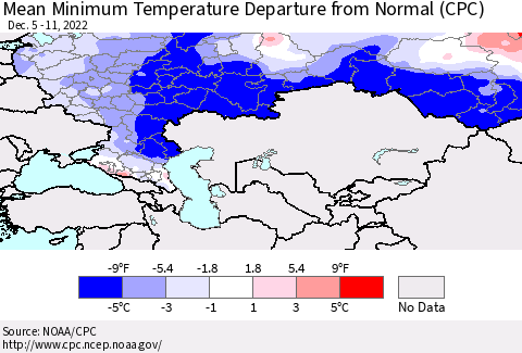 Russian Federation Mean Minimum Temperature Departure from Normal (CPC) Thematic Map For 12/5/2022 - 12/11/2022