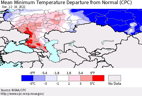 Russian Federation Mean Minimum Temperature Departure from Normal (CPC) Thematic Map For 12/12/2022 - 12/18/2022