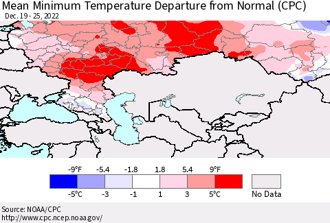 Russian Federation Mean Minimum Temperature Departure from Normal (CPC) Thematic Map For 12/19/2022 - 12/25/2022