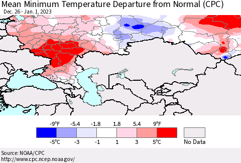 Russian Federation Mean Minimum Temperature Departure from Normal (CPC) Thematic Map For 12/26/2022 - 1/1/2023