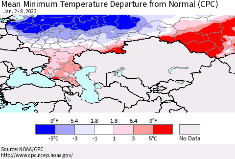 Russian Federation Mean Minimum Temperature Departure from Normal (CPC) Thematic Map For 1/2/2023 - 1/8/2023