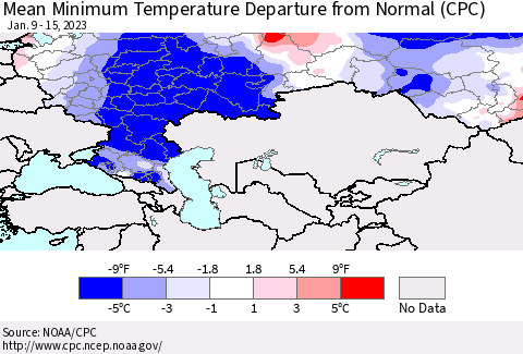 Russian Federation Mean Minimum Temperature Departure from Normal (CPC) Thematic Map For 1/9/2023 - 1/15/2023