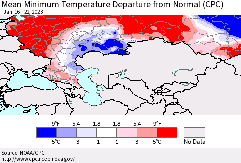 Russian Federation Mean Minimum Temperature Departure from Normal (CPC) Thematic Map For 1/16/2023 - 1/22/2023