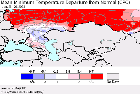 Russian Federation Mean Minimum Temperature Departure from Normal (CPC) Thematic Map For 1/23/2023 - 1/29/2023