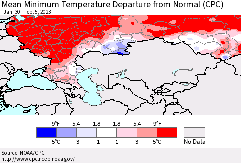 Russian Federation Mean Minimum Temperature Departure from Normal (CPC) Thematic Map For 1/30/2023 - 2/5/2023