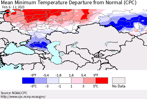 Russian Federation Mean Minimum Temperature Departure from Normal (CPC) Thematic Map For 2/6/2023 - 2/12/2023