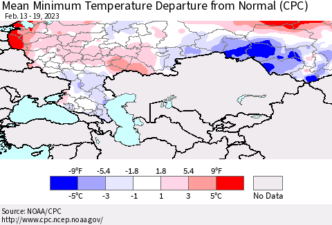 Russian Federation Mean Minimum Temperature Departure from Normal (CPC) Thematic Map For 2/13/2023 - 2/19/2023