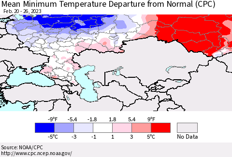 Russian Federation Mean Minimum Temperature Departure from Normal (CPC) Thematic Map For 2/20/2023 - 2/26/2023