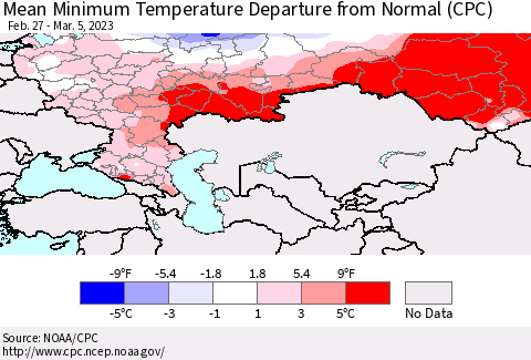 Russian Federation Mean Minimum Temperature Departure from Normal (CPC) Thematic Map For 2/27/2023 - 3/5/2023