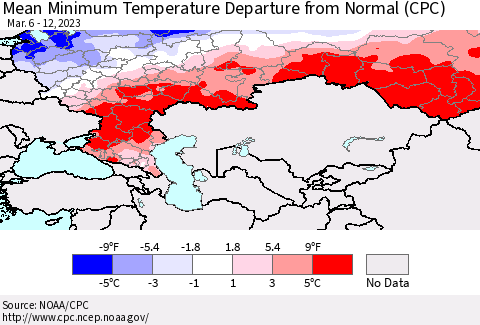 Russian Federation Mean Minimum Temperature Departure from Normal (CPC) Thematic Map For 3/6/2023 - 3/12/2023